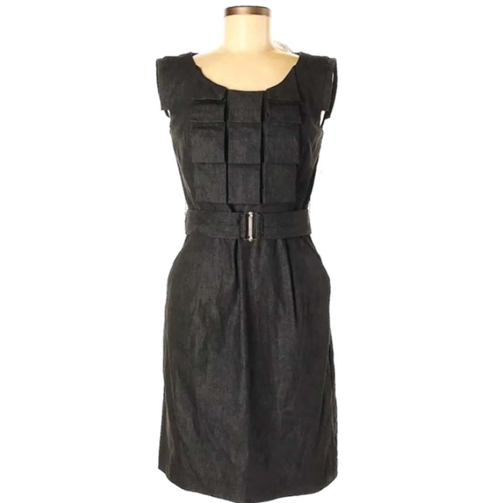 Sandra Darren Womens Belted Box Pleated Sheath Dress Pockets Dark Charcoal Sz.8